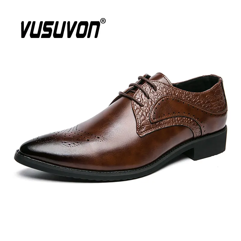 2022 New Fashion Carved Brogue Shoes PU Leather Business Formal Male Lace-up Derby Loafers Point Toe Oxfords Boys Wedding Dress