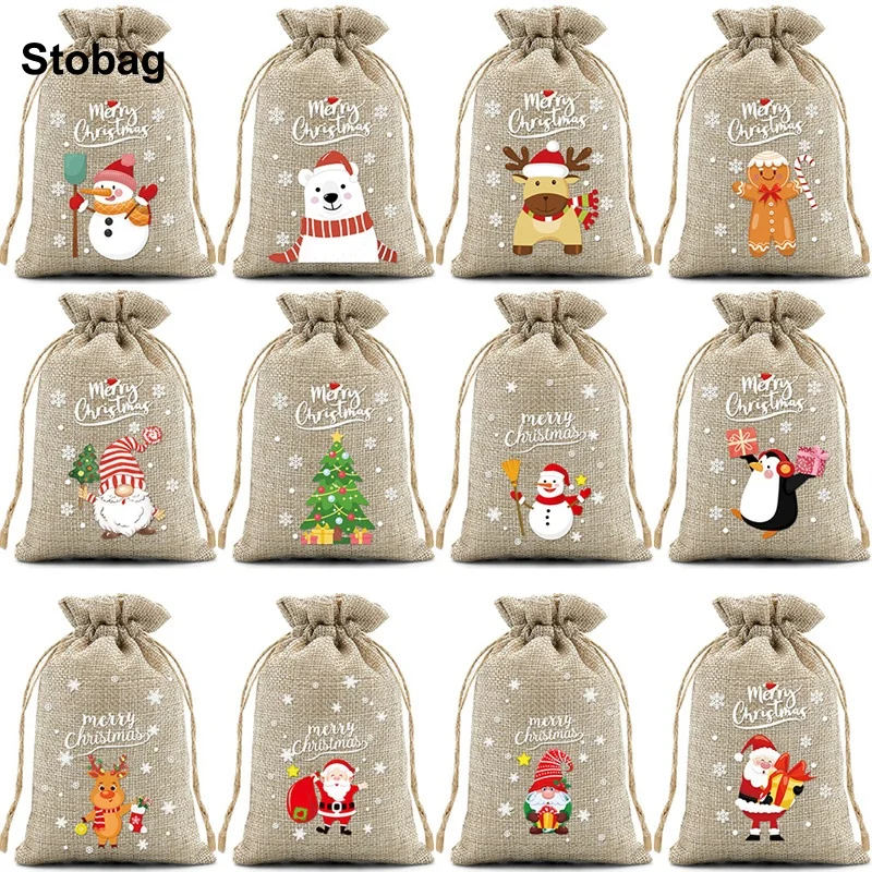 

StoBag 4/6/8/12pcs One Set Merry Christmas Linen Bag Drawstring Small Gift Storage Packaging Bundle Pocket Kids Pouch Party