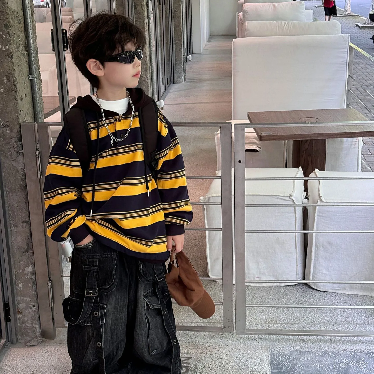 

Children Clothes Autumn New Kids Hoodie Top Contrasting Color Striped Hooded Sweatshirt Boys Loose Versatile Long-sleeved Top