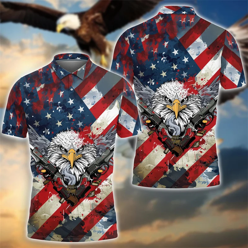 3D Printed American Flag Polo Shirt For Men Eagle Wolf Pattern T-Shirt Summer Casual Lapel Tops Loose Tees Street Short Sleeves