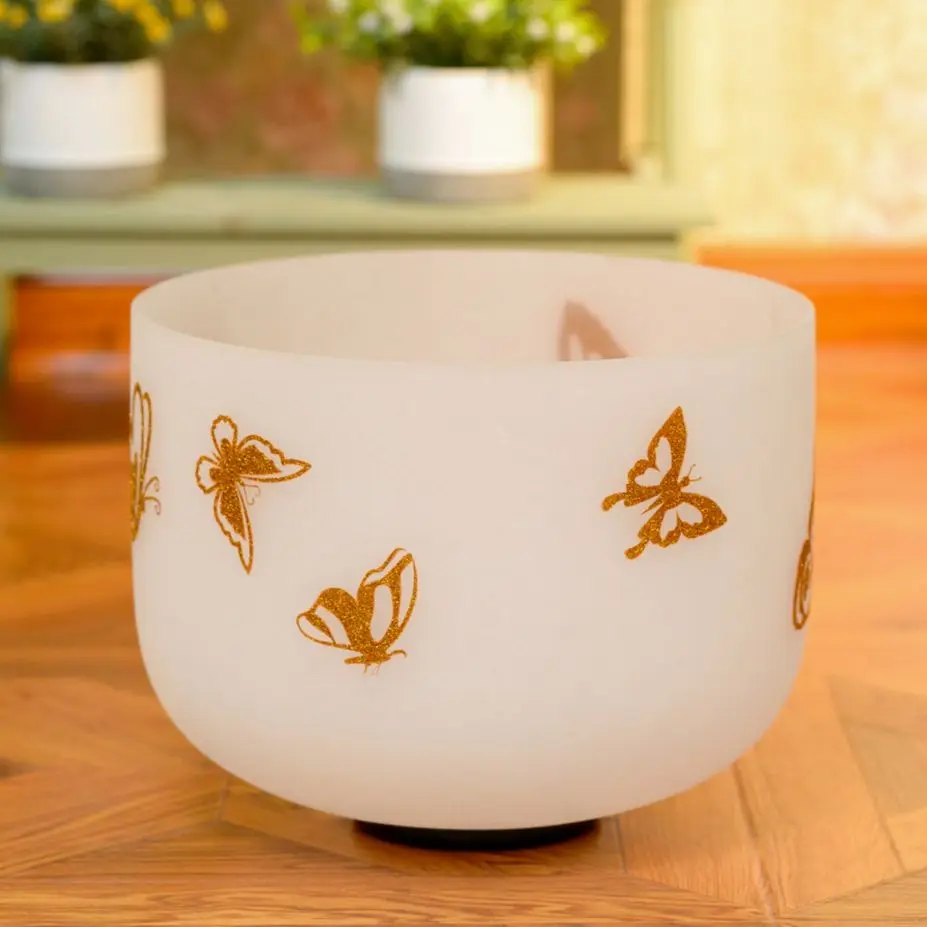 Hye-eun 12 Inch Crystal Sound Bowls with Golden Butterfly Design for Healing Energy Reduce Meditation Musical Yoga Bath