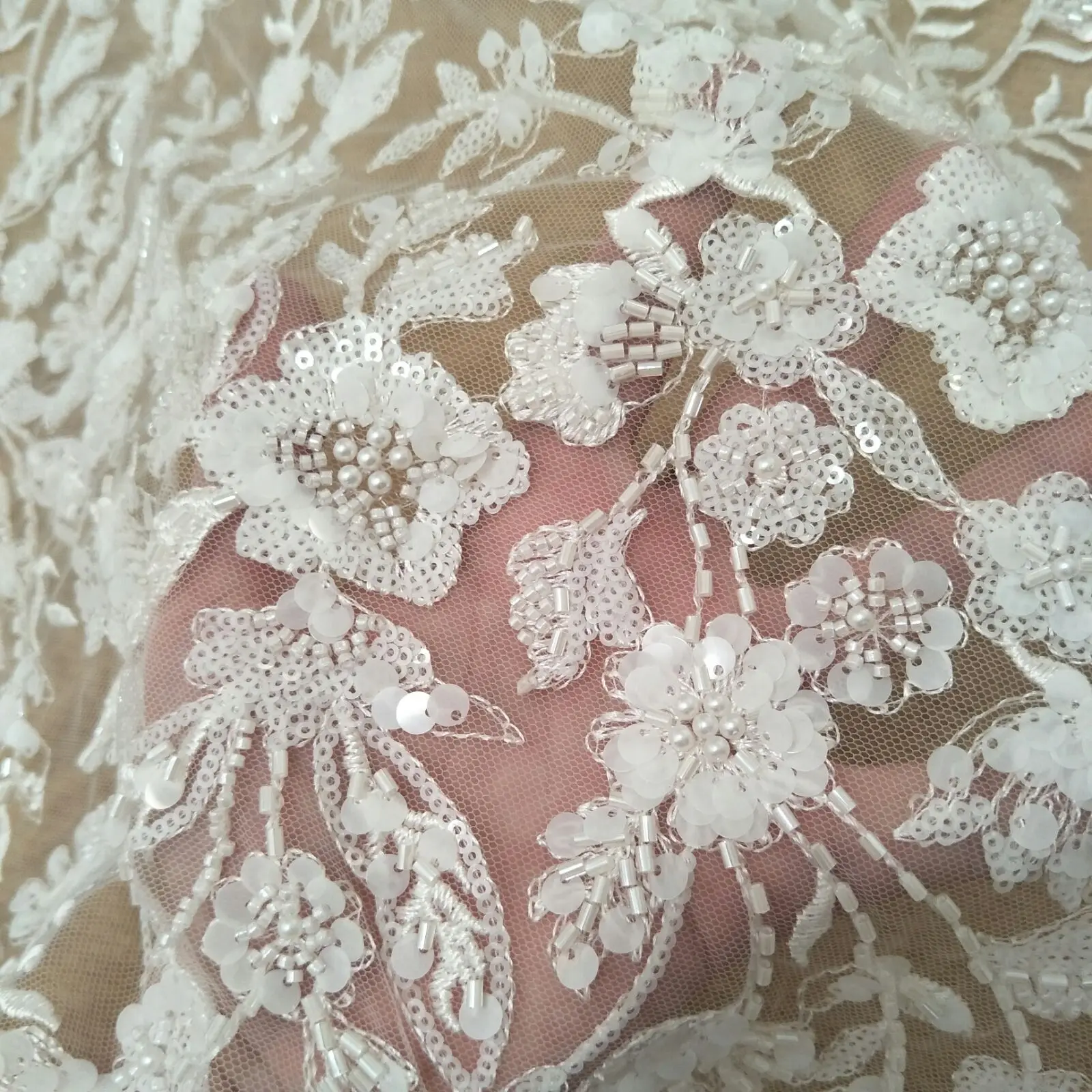 Fashion beading gown dress lace fabric 130cm width bridal lace applique sell by yard