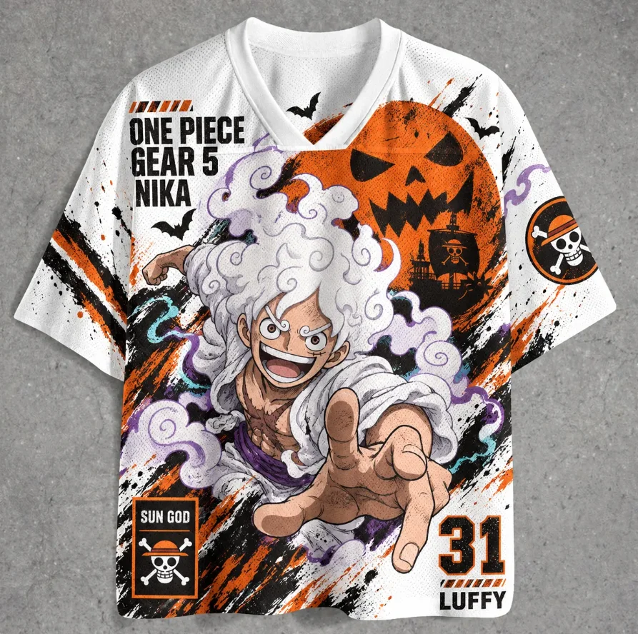 Luffy Equipment 5 Nika V Collar White Orange Number 31 Halloween Pumpkin Anime Mesh Short Sleeved Role-playing Sports Top