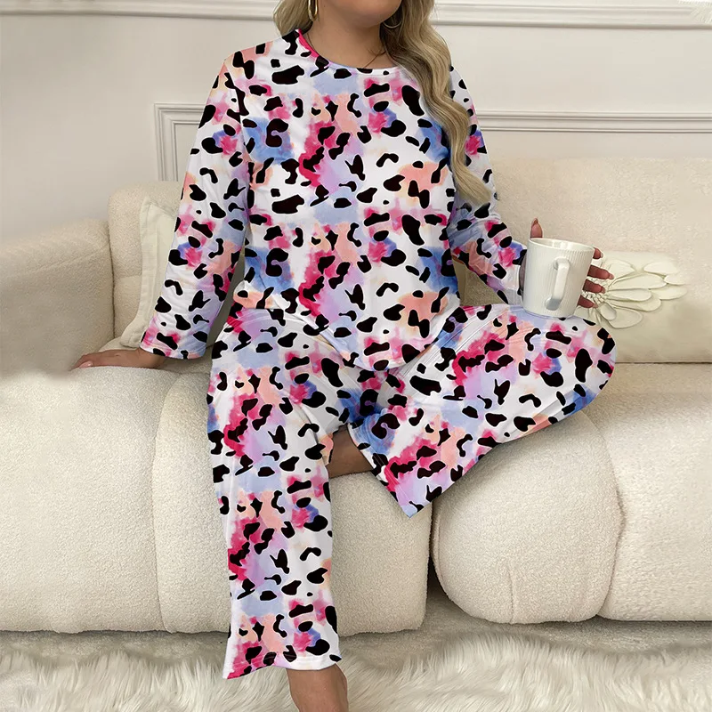 Autumn Women\'s Oversized Pyjama Set Crewneck Sweatshirt& Trousers Suit Bear Print Sleepwear Long-sleeved Nighties Loungewear 5XL