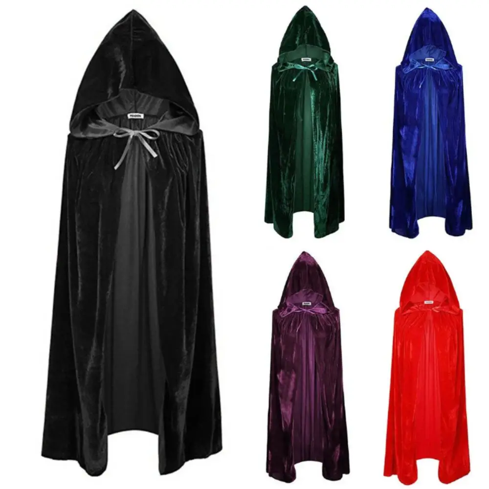 Solid Color Velvet Cloak Reversible Design Full Length Long Cape Black Red Green Velvet Material Hooded Robe Anime Convention