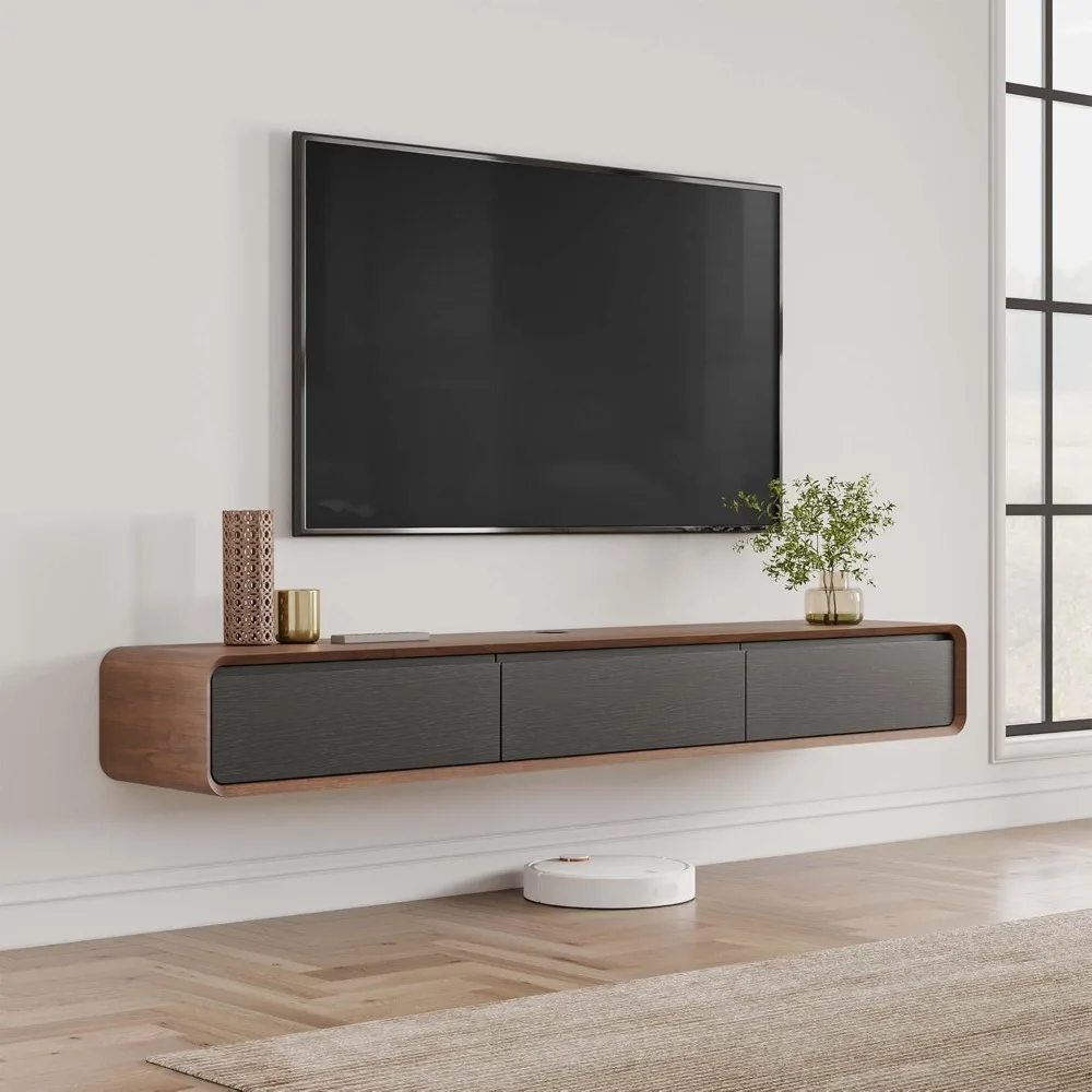 Floating TV Stand, 63 Inch Walnut and Black Modern TVs Stands, Solid Wood Floating Entertainment Center, Minimalist TV Stand