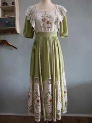 86-94cm Bust Spring Summer Long Dress Women Vintage Elegant Slim Exquisite Handmade Embroidered Hollow Out Cotton Green Dresses