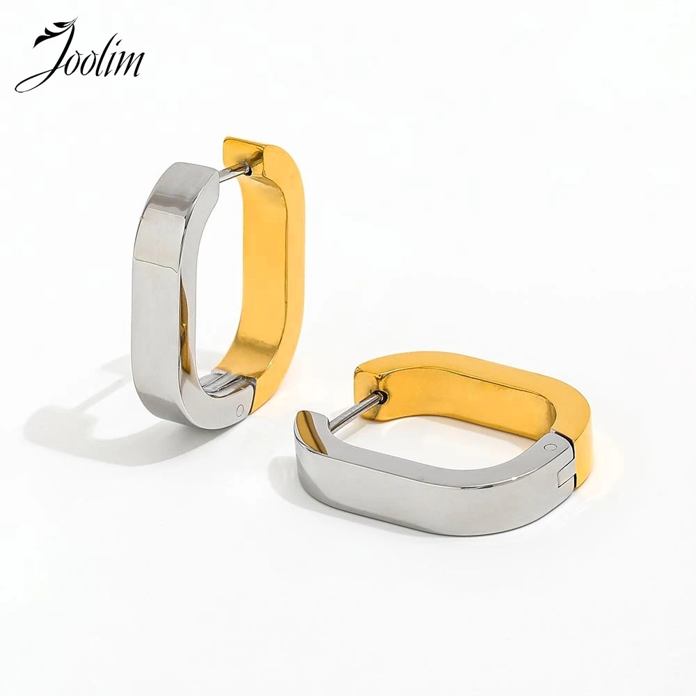 

Joolim Jewelry High Quality PVD Wholesale Waterproof Fashion Two-tone Oval Rectangle Huggie Stainless Steel Earring for Women