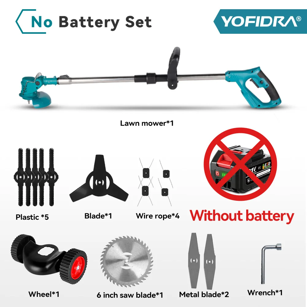 YOFIDRA Elektrischer Rasenmäher, kabelloser Garten-Grasschneider, 100-135 cm Schnittlänge, Elektrowerkzeug für Makita 21V Akku