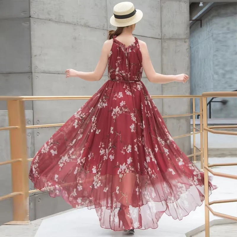 Verano Floral gasa Floral sin mangas tirantes Maxi vestido para mujer Sexy espalda descubierta playa Boho mujer vestido veraniego fotografía