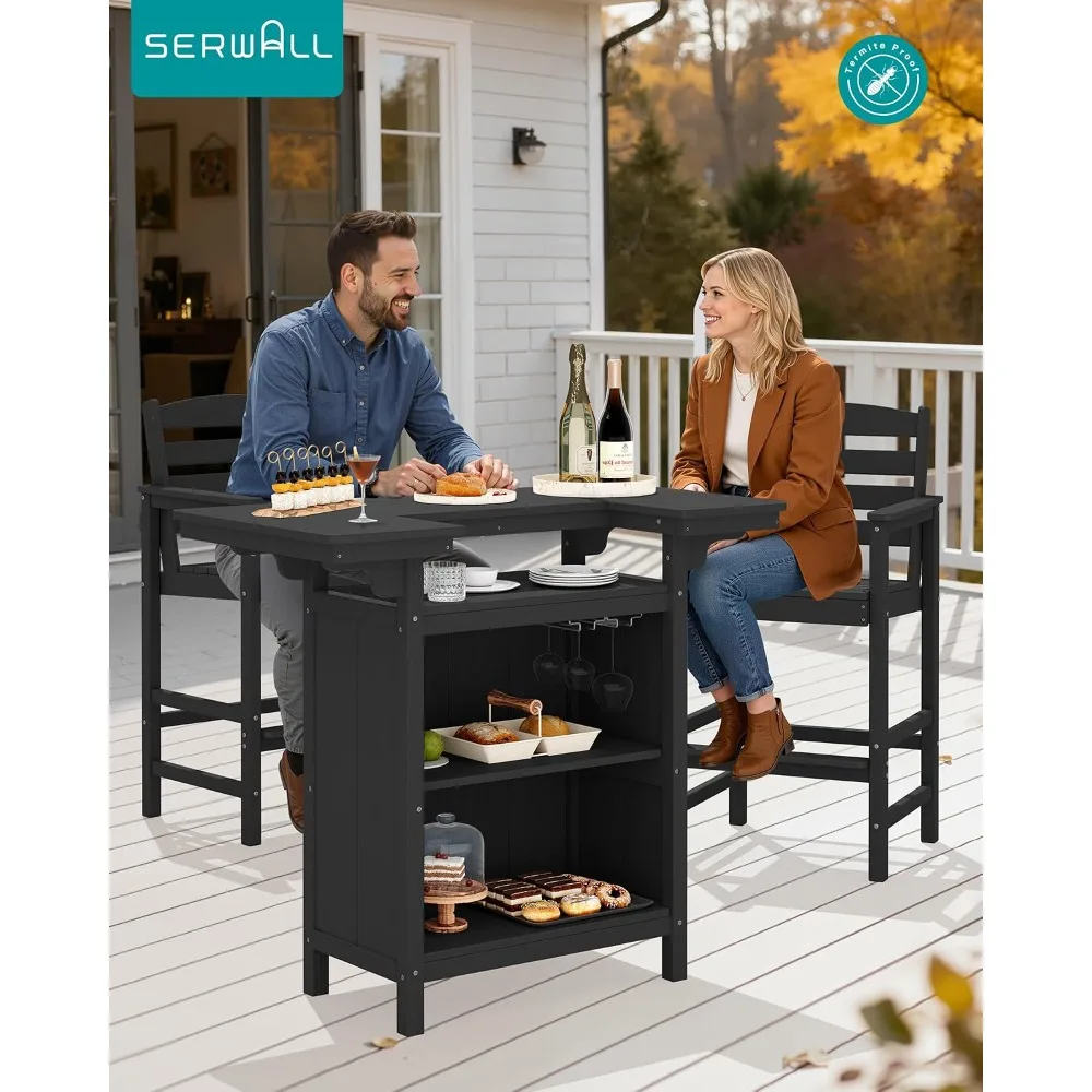 Bar Table Set with 2 High Bar Chairs and 4-Tier Storage, Black