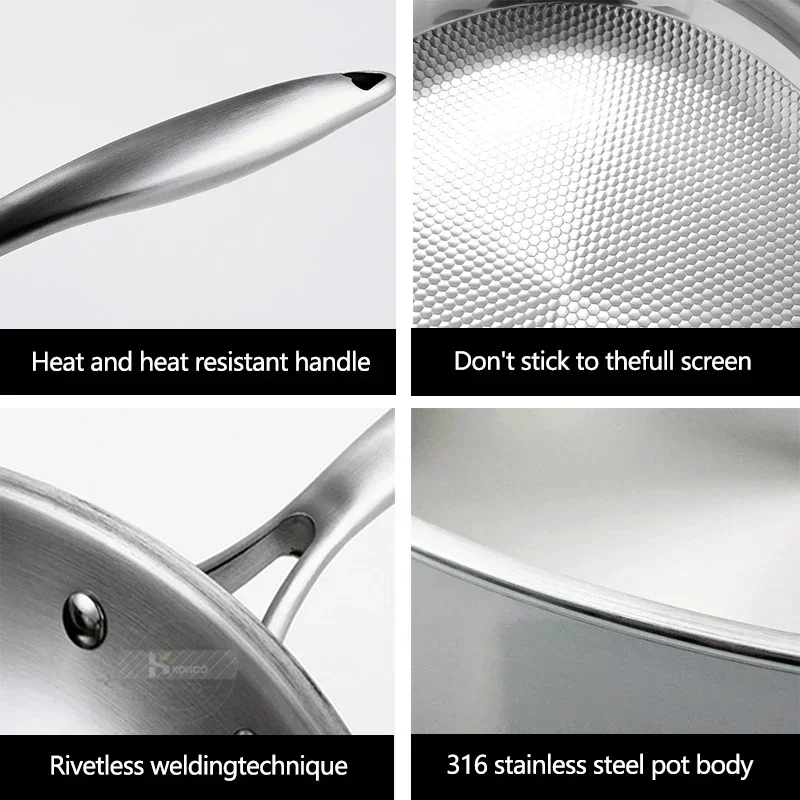 Frying Pan 304 Stainless Steel Skillet 28/30cm Non-stick Pan NO-coating Eggs Steak Frying Pot Use Gas and Induction Stove Woks view 4