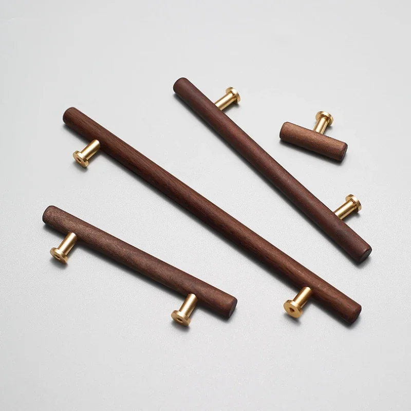 Natural Walnut + Brass Furniture Handle Kitchen Cabinet Door Handles Drawer Pulls Wooden Long Handles for Furniture Hardware