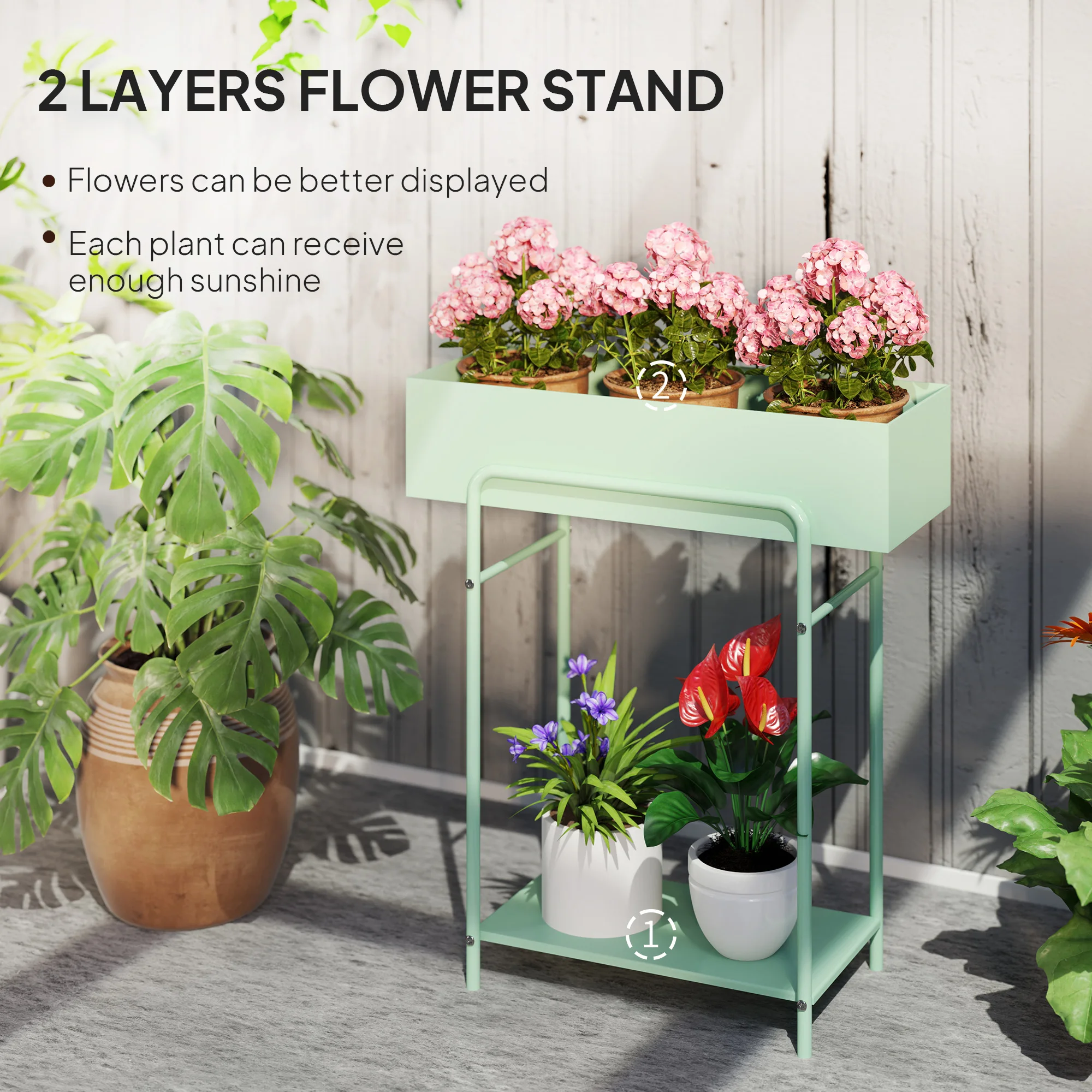 2 Tier Plant Stand, Metal Plant Rack with Drain Holes, Green