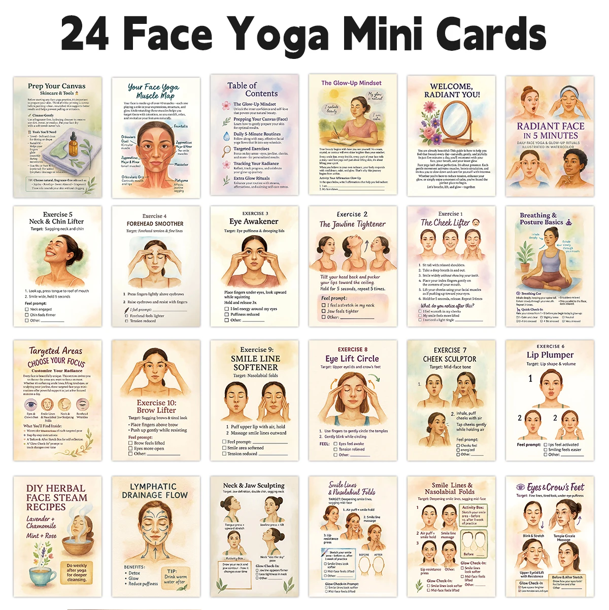 24pcs Radiant Face Yoga Cards,Pocket Guide Cards For Daily Facial Fitness,Home,Office,Wellness Centers Face Health Instructions