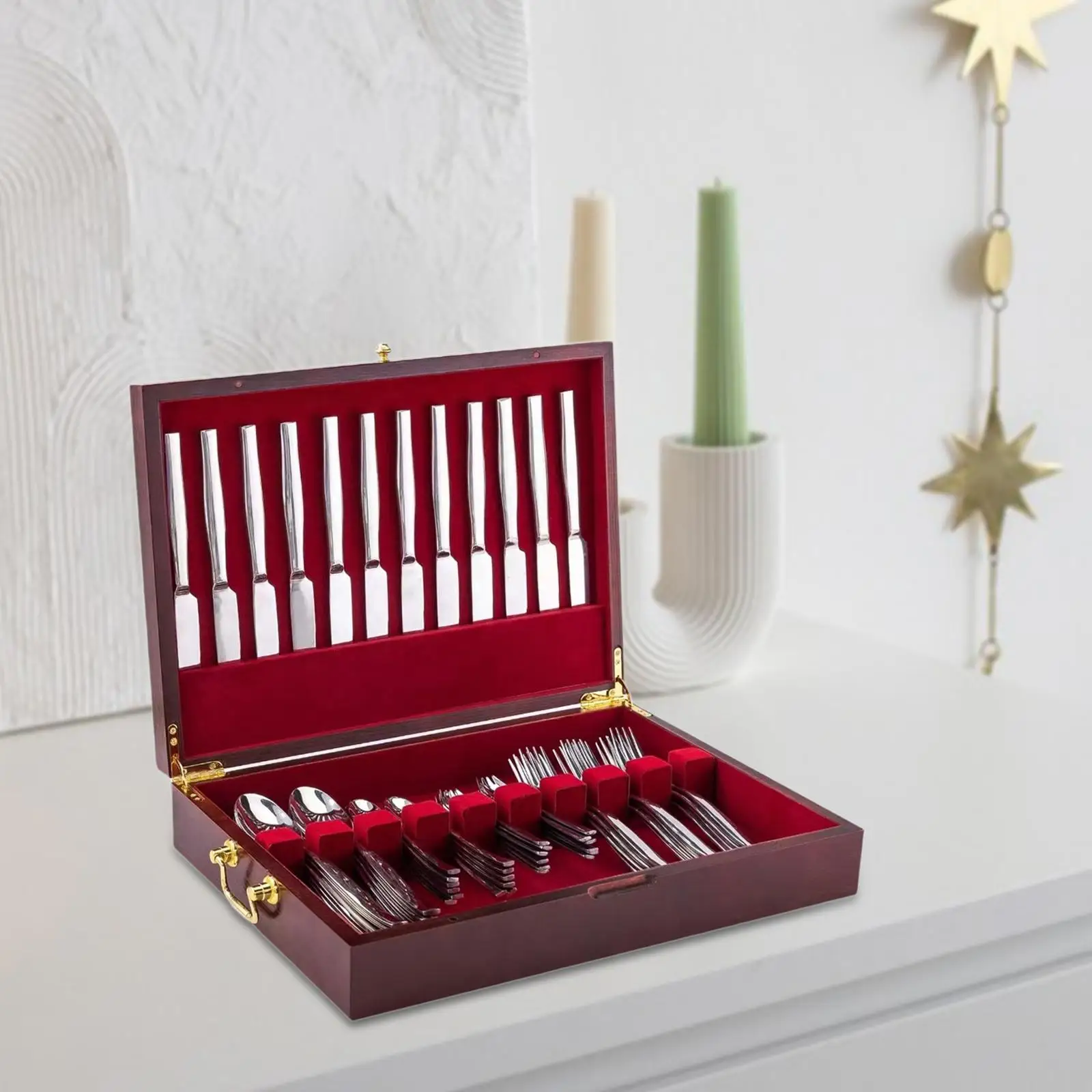 Wood Box Silverware Storage Organizer Lined 1 Layer Utensil Chest with Flip Lid for Kitchen Storage and Home Decor