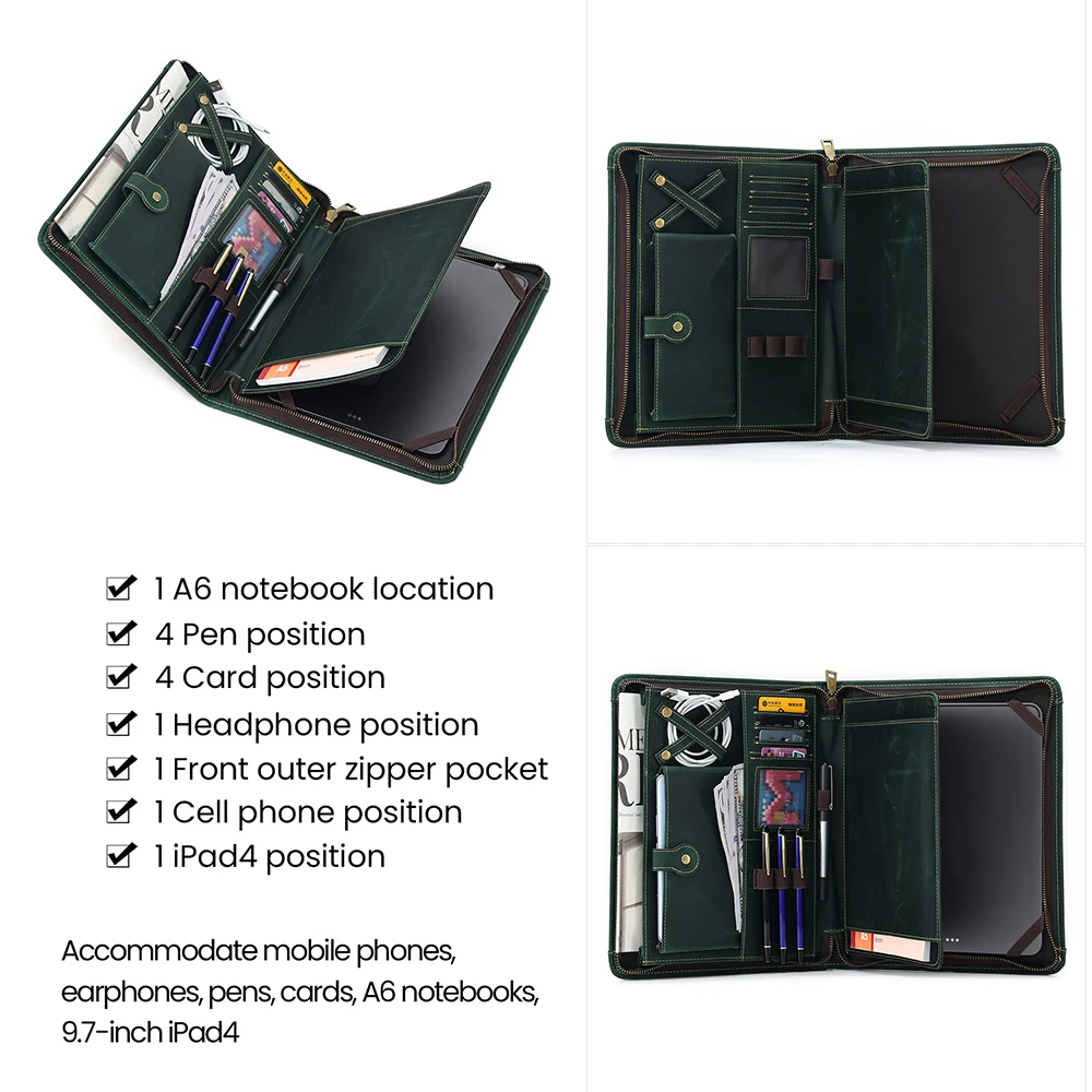 JOYIR-portafolio de cuero de vaca genuino con cremallera, carpeta de archivos, estuche de negocios, bolsa organizadora para IPad A6, portatarjetas