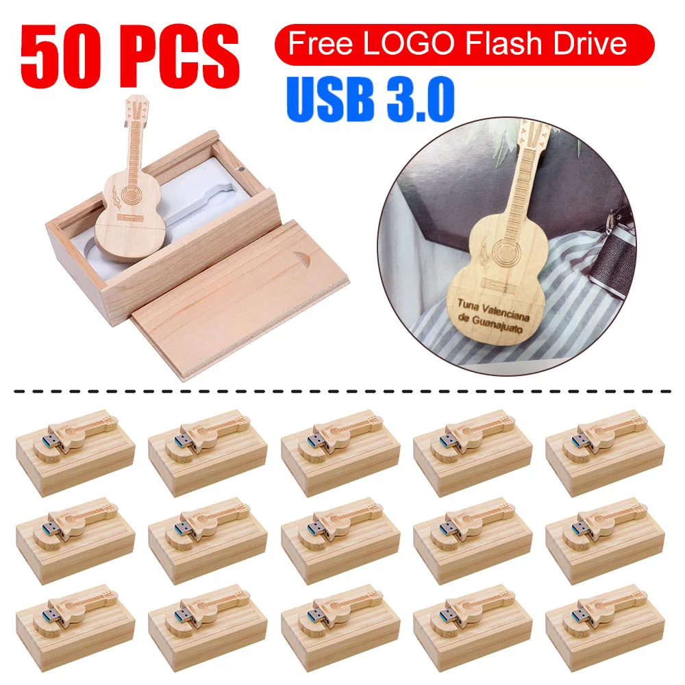 50pcs Free Custom LOGO Wooden Guitar USB3.0 Flash Drive 8G 16G 32G 64GB 128G Comes With Key Gifts Cle Pen Drive Box Memory Stick