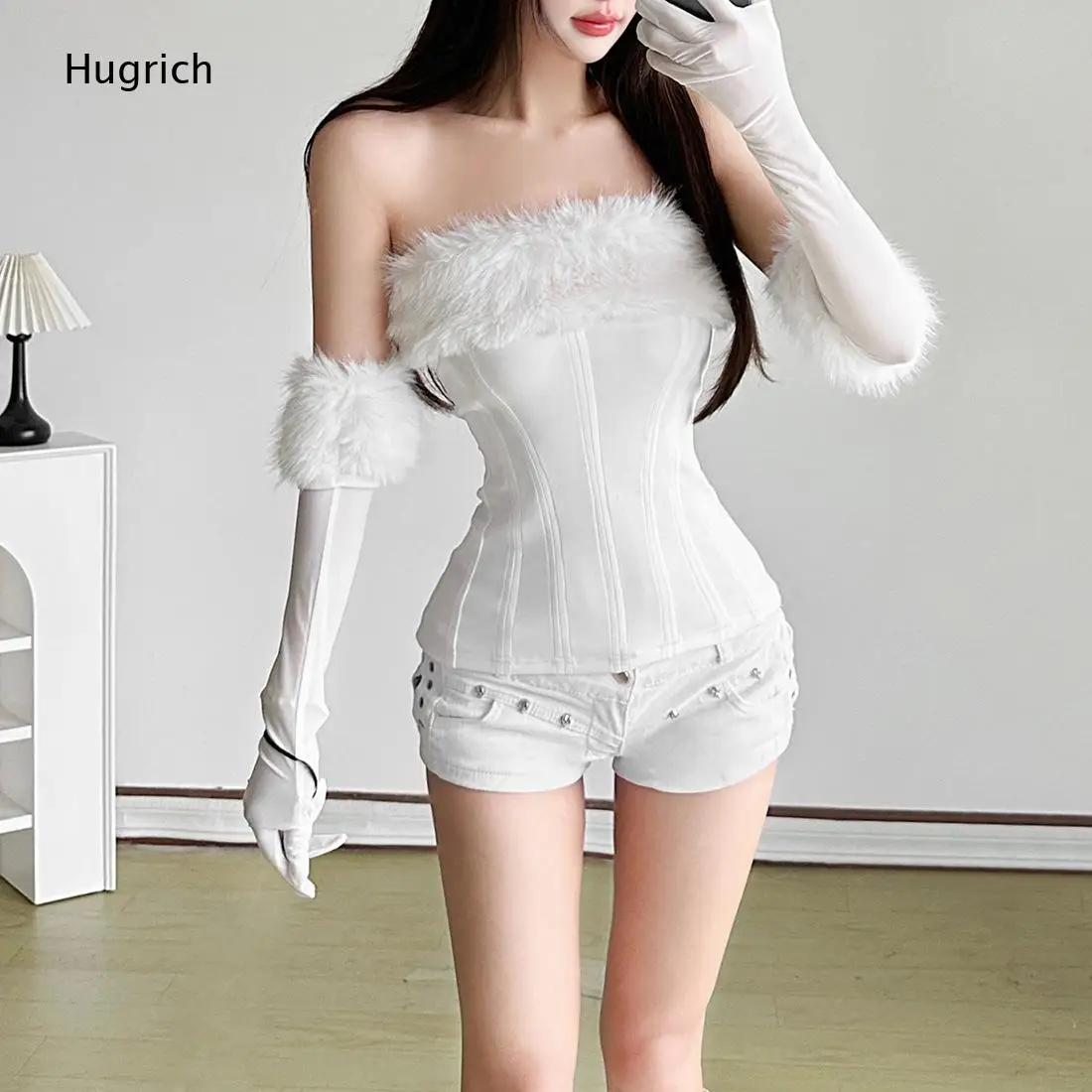 Furry Trim Off Shoulder Top Matching Fluff Cuff Arm Warmers Boned with Long Sleeves Set for Women