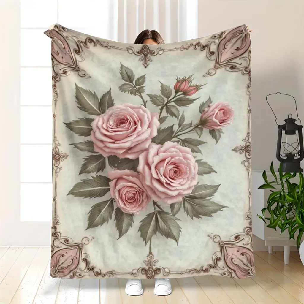 Pale Cream Backdrop Retro Ornate Frame Soft Pink Rose Green Leaf Romantic Floral Full Print Fluffy Blanket Couch Cover Gift