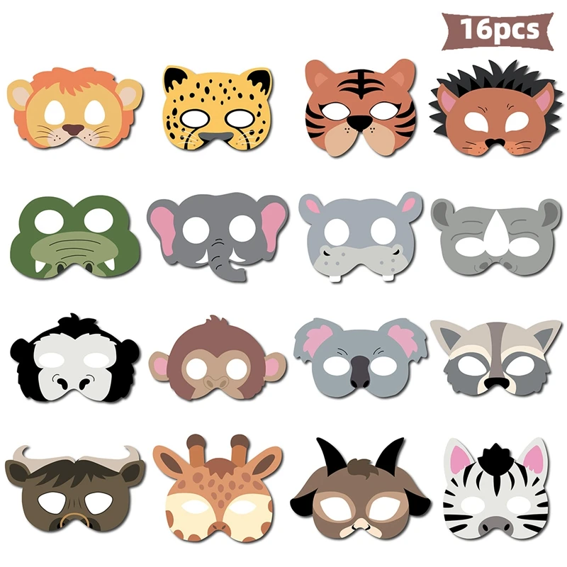 16pcs Jungle Animal Mask Birthday Party Decoration Kids Funny Paper Masks Photo Props Safari Theme Party Supplies Baby Shower