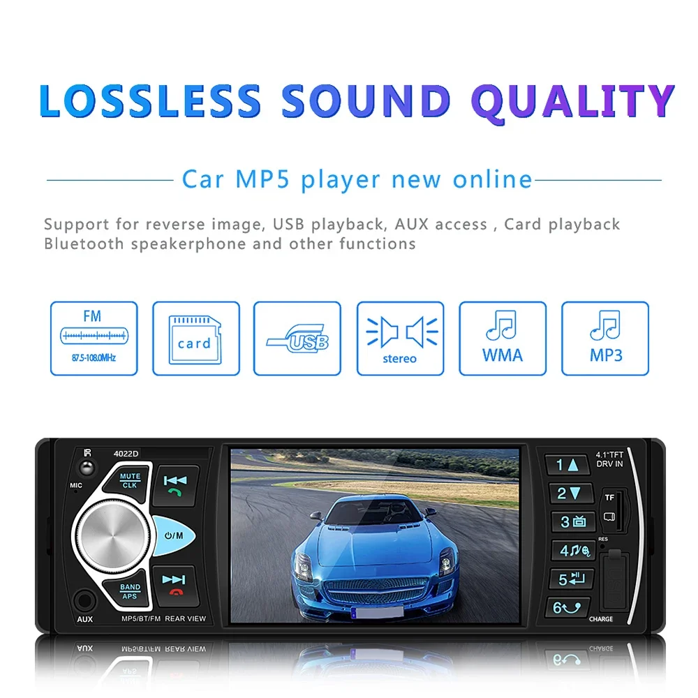 Podofo 4.1'' Car Radio 1Din Audio Stereo FM Bluetooth MP3 Player FM Autoradio Reverse Camera Music USB AUX Input