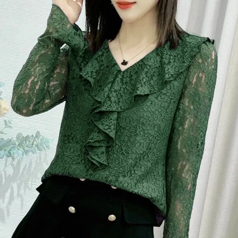 Sexy Floral Lace Hollow Out Blouse Female Clothing Stylish Ruffles Spliced Spring Autumn Casual Long Sleeve Elegant V-Neck Shirt