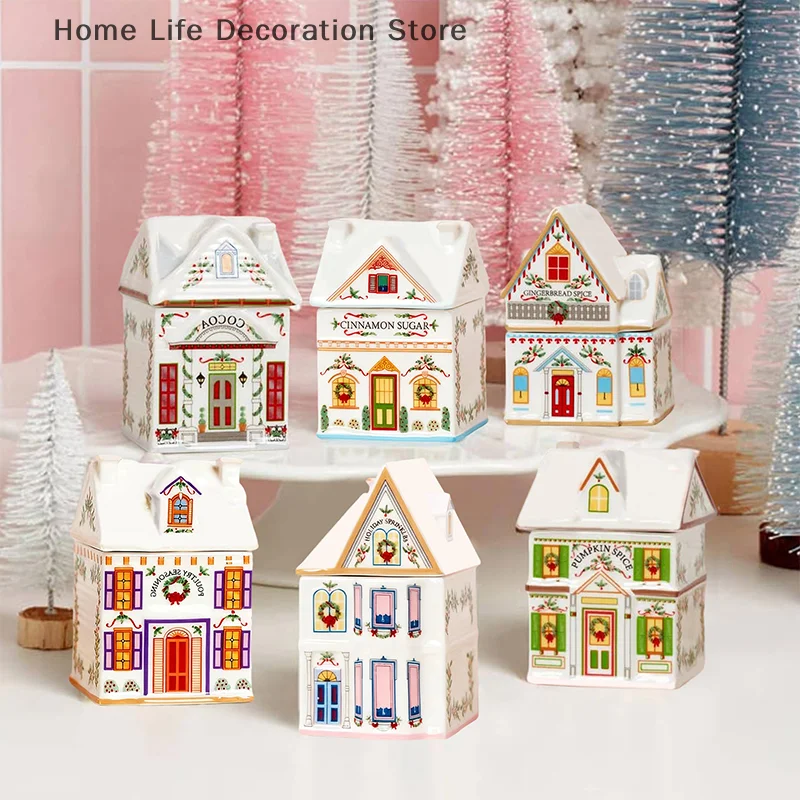 Holiday Village Spice House Set, Mini Christmas Gingerbread Houses Jars, Festive Decor Kitchen Countertop Christmas Candle Gift
