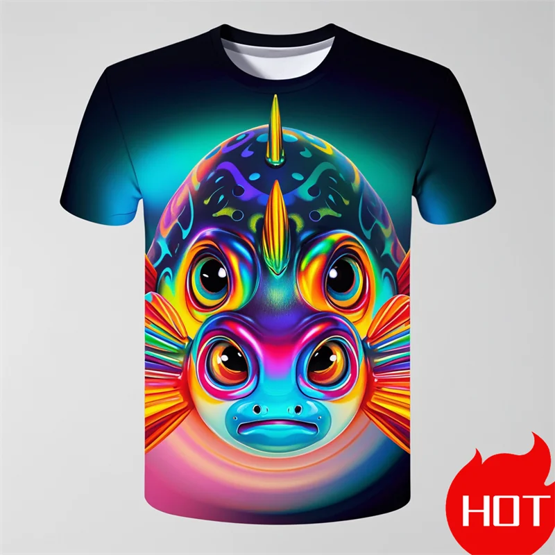 New Men's Summer 3d Printing Hd Printed O-Collar Short Sleeve T-Shirt Puffer Fish Art Personality Retro Plus Size Loose Top