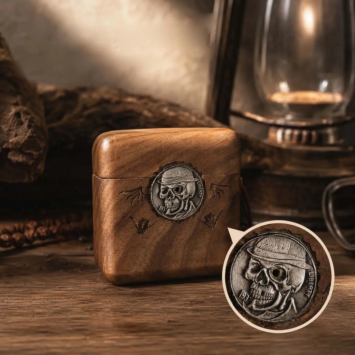 Walnut Wood Skull Case for Marshall Minor IV Earbuds — Hand-Carved with Inlaid Skull Coin