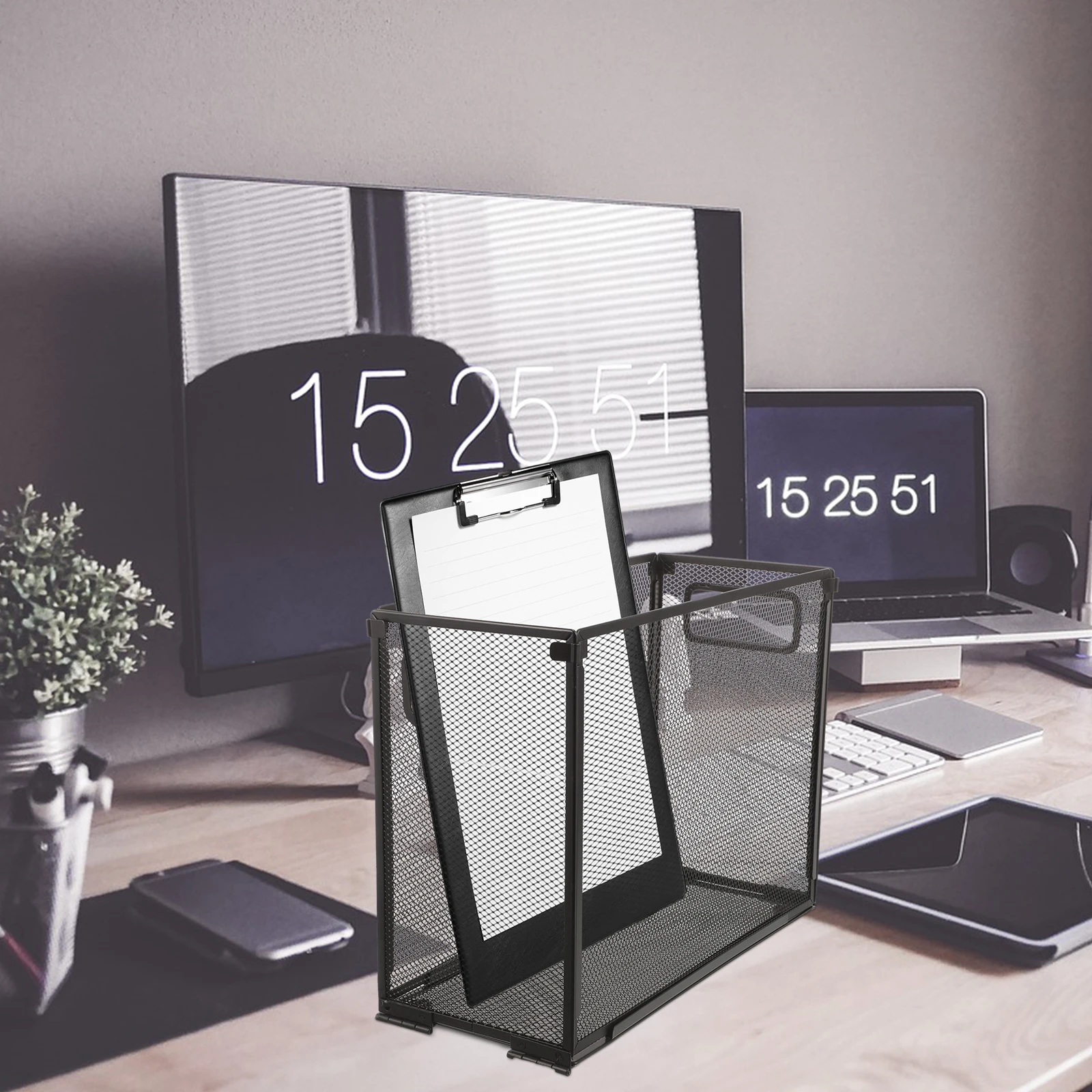

File Frame Storage Rack Foldable Metal Document Organizer Black Desktop Holder for Cabinets Large Space Saving Multi-layer