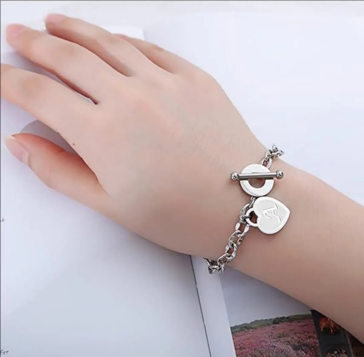 

Custom Initial Heart Charm Bracelets for Women 18K Gold Silver Tone Stainless Steel OT Clasp Heart Bangle Bracelet Gifts