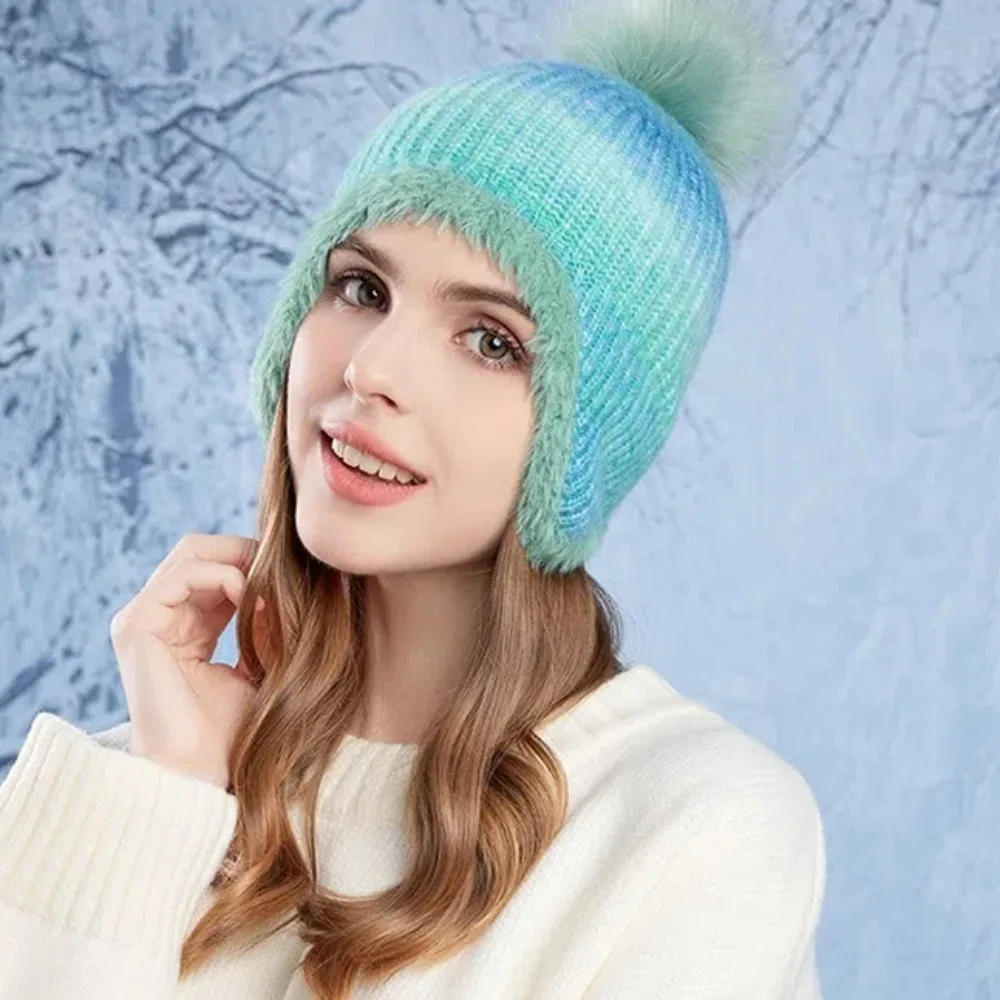 Soft Cold-proof Colorful Knitted Hat Plush Colorful Beanies Hat Keep Warm Ear Protection Hat