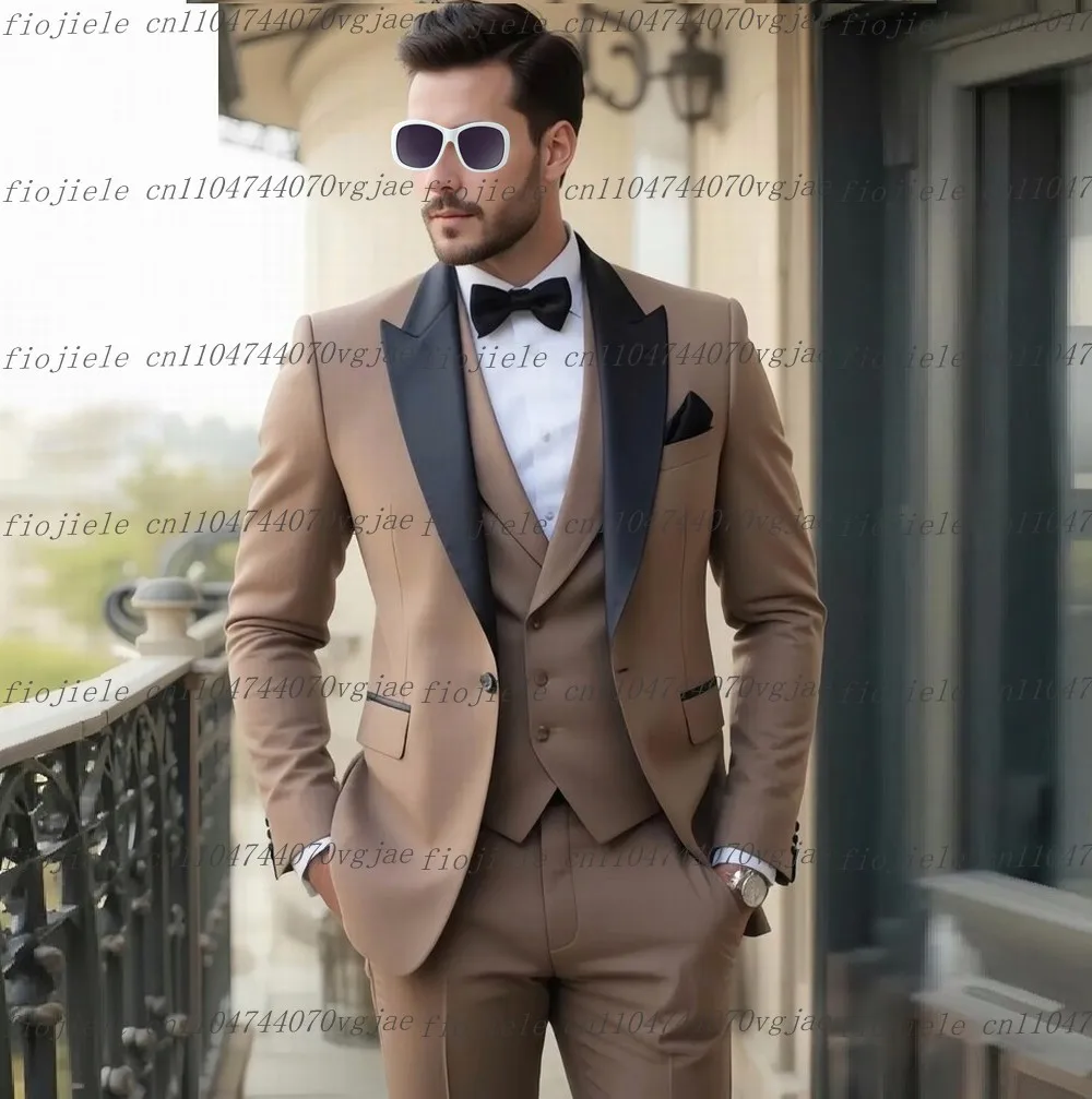 

New Black Collar Khaki Men Suit Formal Wedding Party Groom Groomsman Business Male Tuxedos 3 Piece Set Jacket Vest Pants