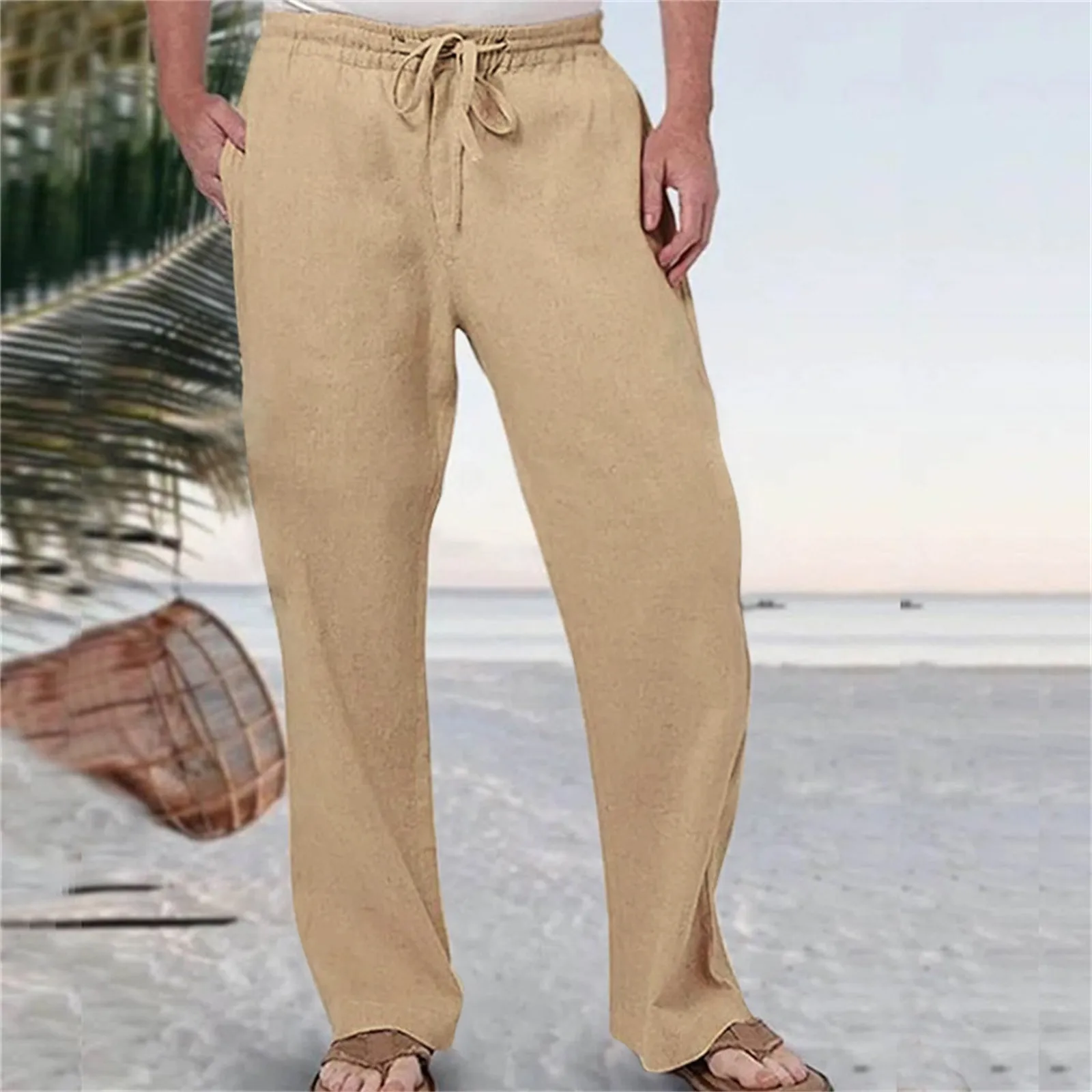 

Men's Cotton Linen Trousers 2023 Fashion Solid Color Elastic Waist Loose Straight Leg Pants Cropped Trousers Summer Casual Pants