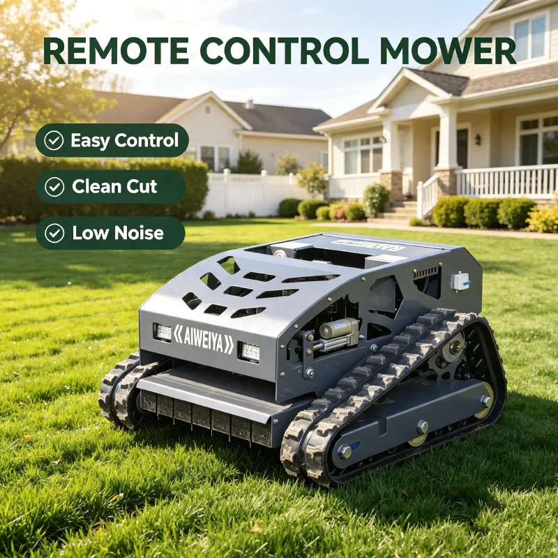 Customized CE EPA Rechargeable Tracked Remote Control Lawn Mower LED Headlight Durable Steel Blade for Steep Slopes view 2