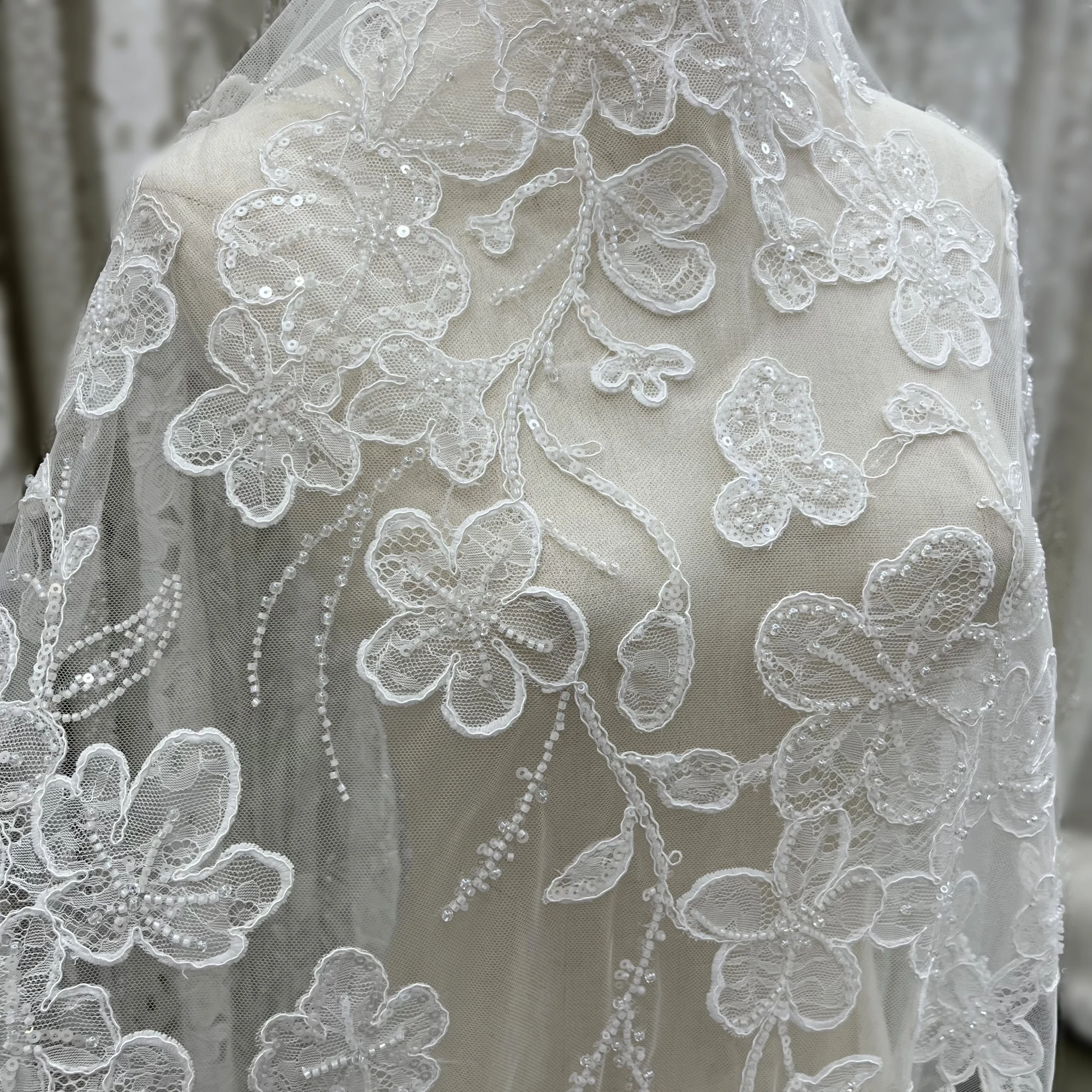 

New French Lace Applicate Embroidered Sequin Bead Lace Fabric Is Suitable For The Fabric Design Of Wedding Dress Custom Dress