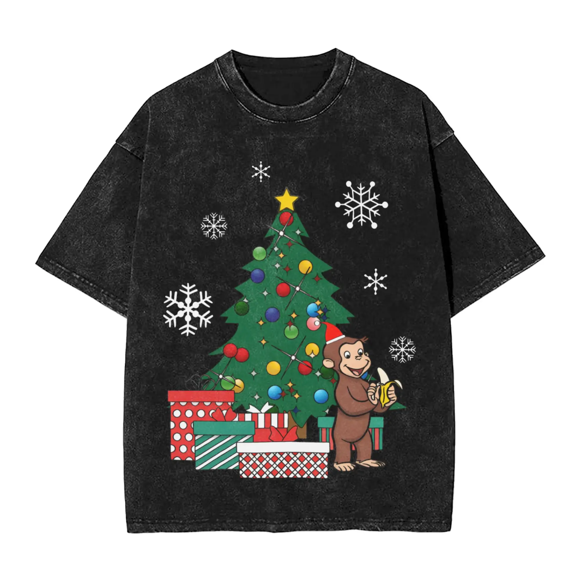 Curious George Around The Christmas Tree  T Shirts Hip Hop Washed Short Sleeve Oversize T-Shirt  Novelty Men Women Streetwear