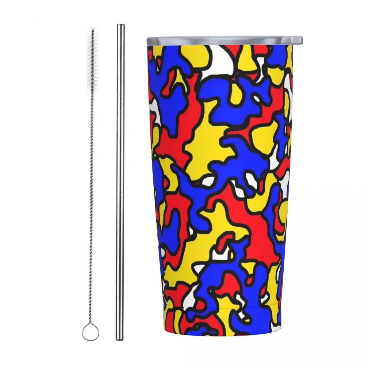 Mondrian Camouflage Print Stainless Steel Tumbler Travel Thermal Cups With Straws and Lid Large Car Mugs Hot Drinks Water Bottle