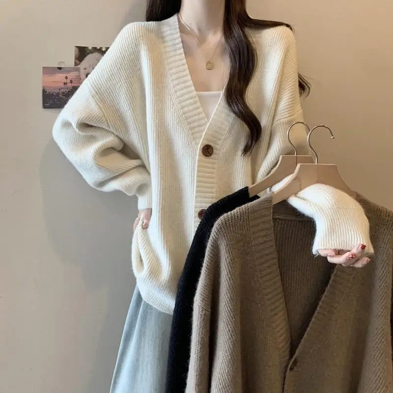

Новинка 2025 года, элегантный осенне-зимний свободный вязаный кардиган для женщин, осенняя вязаная одежда, свитер, джемпер с длинными рукавами, куртка из джерси