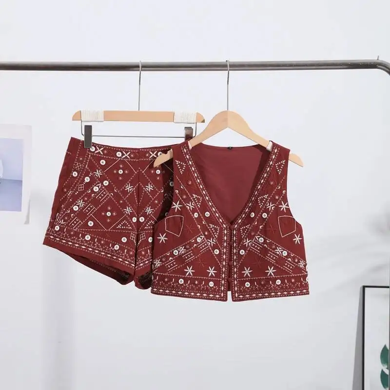 

Casual Waistcoat Pants Women's Set V-Neck Sleeveless Waistcoats Short Trousers Female Sets 2025 Summer Embroidery Chic Lady Suit