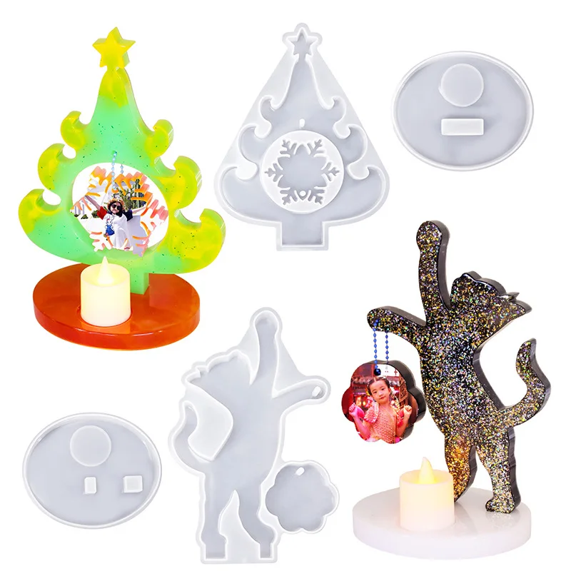 Árvore de Natal Moldura Com Base, Molde De Silicone, DIY Gato Cristal Castiçal, Resina Epóxi Ornamento, Fundição Artesanato, Decoração De Casa