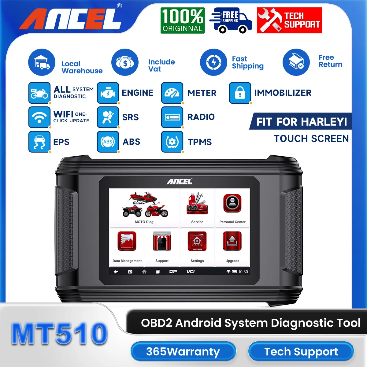 Ancel MT510 OBD2 Motorcycle Diagnostic Tools All System ABS Bleed TPS Code Reader Oil Reset Moto Scanner for BMW/Harley/Ducati