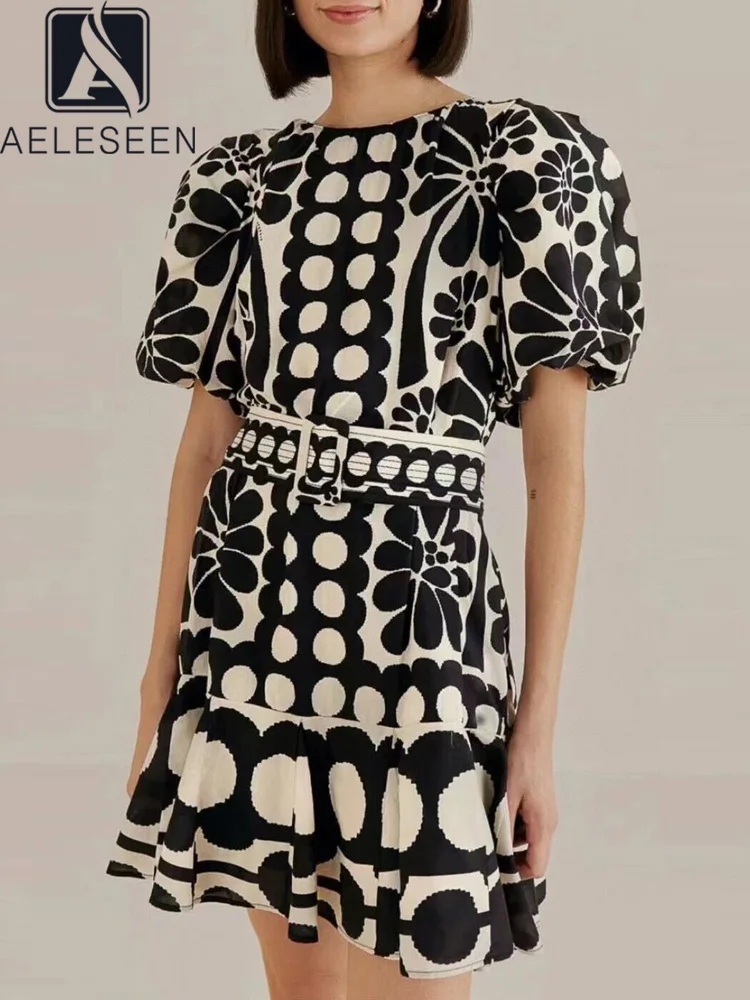 

AELESEEN Vintage Mini Dress Women Summer Puff Sleeve Black Dots Geometric Belt Ethnic Ruffles Holiday Vacation