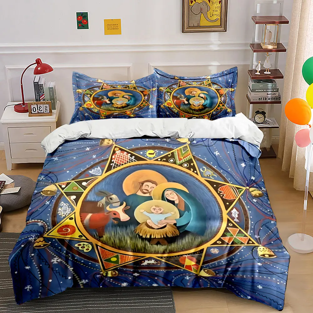 Christmas family with decorated star Duvet Cover Set with 3D Printing Design Soft Polyester Bedding Set All-Season Comfort