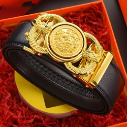 Head layer cowhide belt, men's automatic buckle belt, genuine leather cowhide belt, trendy and authentic, elastic and double-sid