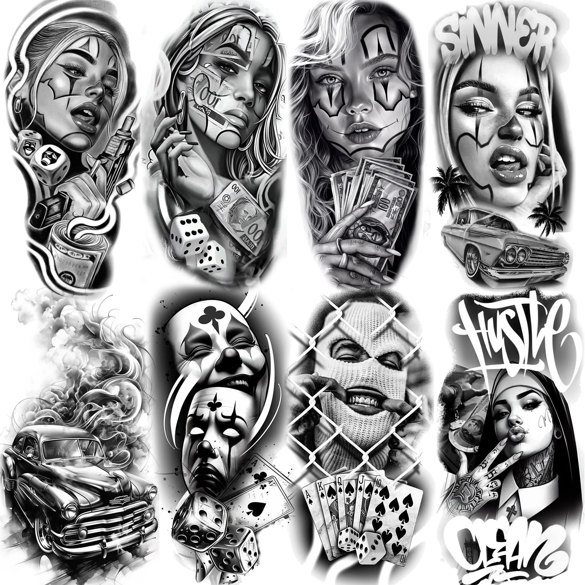 1 Sheets Chicano Prison Gangster Temporary Tattoos For Women Men Adults Fake Tattoo Sticker Water Transfer Self Adhesive Arm Leg