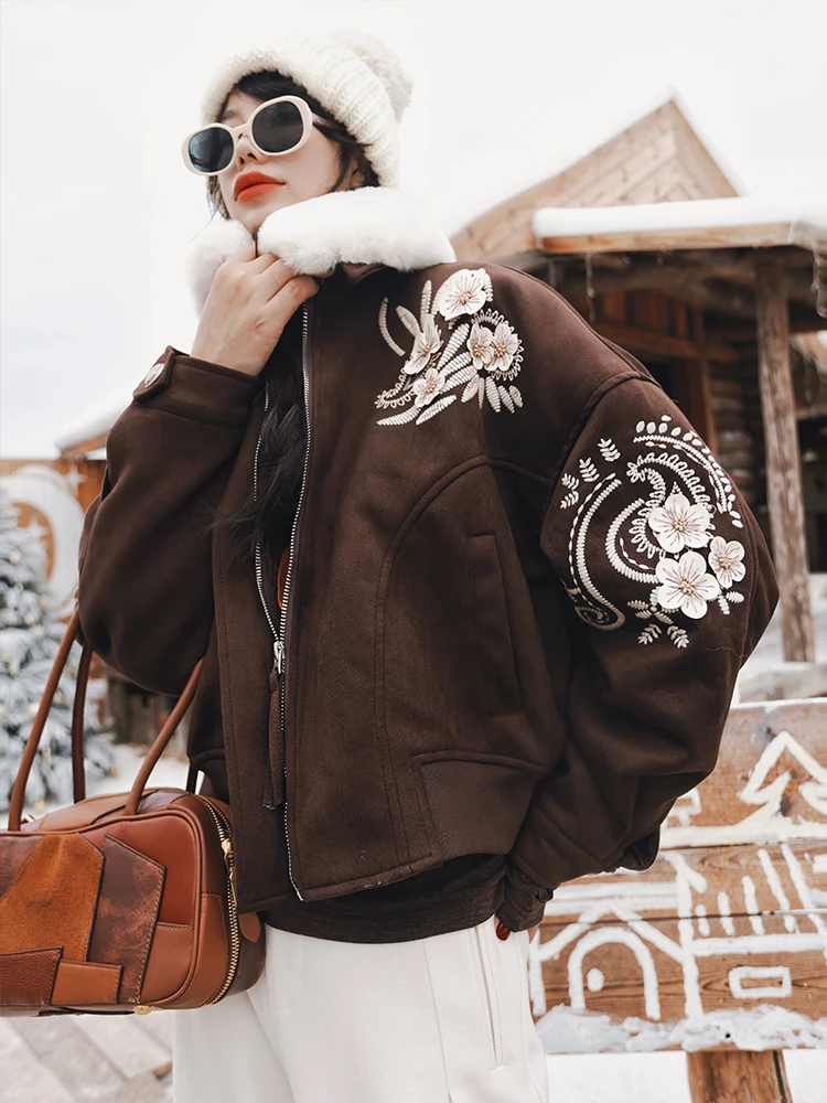 

TIYIHAILEY Winter Women Outerwear Coats Short Jacket Warm Embroidery Thick High Quality Faux Suede New 2025 Chinese Style Brown