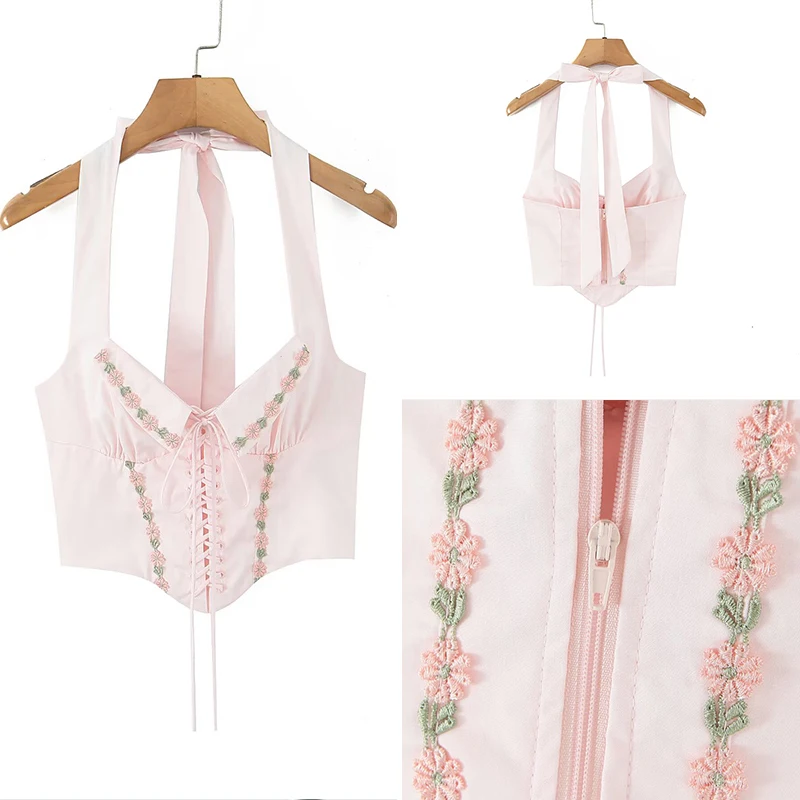 

Sexy Floral Embroidery Strap Vest Ne Hanging Design Slim Fit Polyester Fiber ort Length Pure Color Summer New Women's Fas...