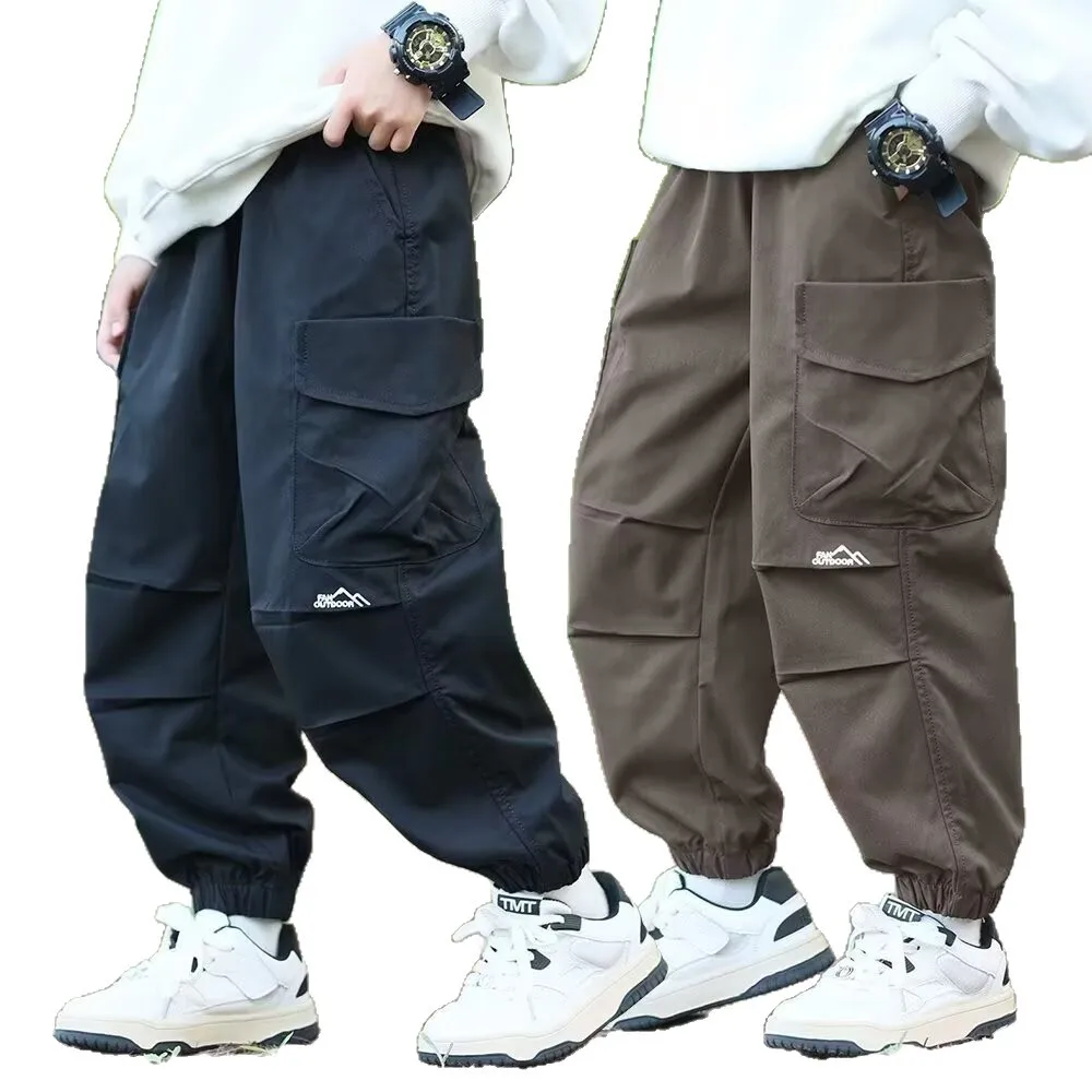 New Spring Autumn Boys Windproof Outdoor Cargo Pants Medium Big Kids Loose Multi-Pocket Hiking Casual Trousers Children Clothing